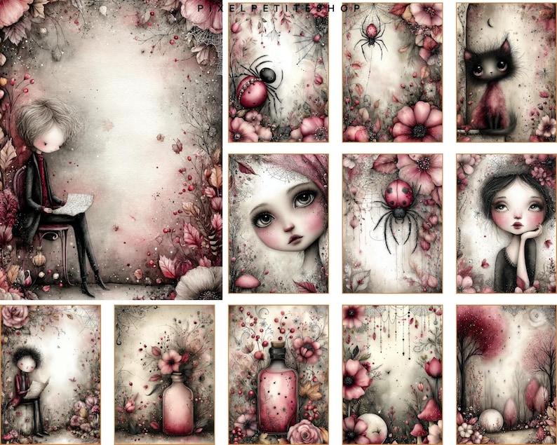 Pu&ograve; includere: Una collezione di stampe artistiche ad acquerello con illustrazioni stravaganti. Le stampe presentano una variet&agrave; di soggetti, tra cui una persona che legge, un gatto nero e una coccinella. La tavolozza dei colori &egrave; tenue, con sfumature di rosa, grigio e bianco.