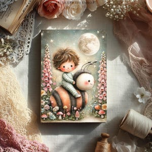 May include: A whimsical illustration depicts a child riding a large bumblebee under a full moon. The child wears a striped outfit and the bee has a friendly face. Pink flowers and mushrooms surround them, set against a starry night sky.