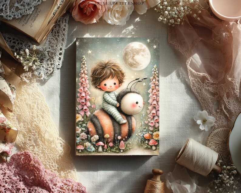 May include: A whimsical illustration depicts a child riding a large bumblebee under a full moon. The child wears a striped outfit and the bee has a friendly face. Pink flowers and mushrooms surround them, set against a starry night sky.
