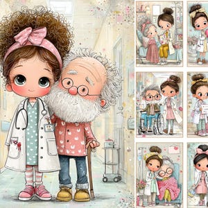 Op de afbeelding: Digitale illustratie van een jonge dokter en een oudere pati&euml;nt. De dokter draagt een witte jas en een roze haarband. De pati&euml;nt heeft een witte baard en een wandelstok. De afbeelding heeft een zachte aquarel stijl en toont een ziekenhuisomgeving.