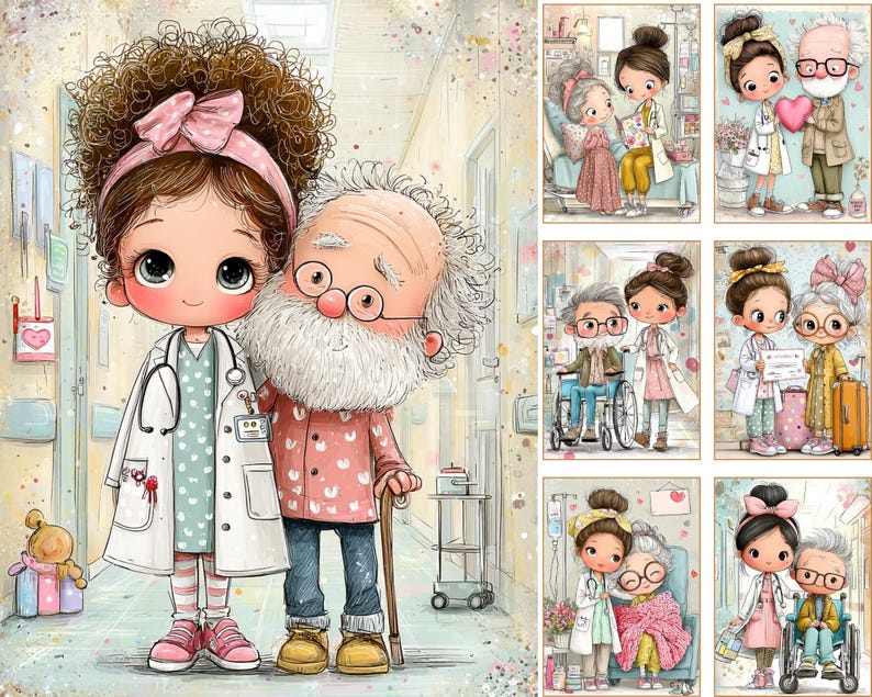 Op de afbeelding: Digitale illustratie van een jonge dokter en een oudere pati&euml;nt. De dokter draagt een witte jas en een roze haarband. De pati&euml;nt heeft een witte baard en een wandelstok. De afbeelding heeft een zachte aquarel stijl en toont een ziekenhuisomgeving.