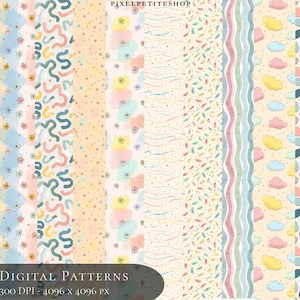 Könnte beinhalten: Eine Sammlung von 30 digitalen Mustern mit verschiedenen Designs. Die Muster umfassen abstrakte Formen, florale Motive sowie Wolken- und Kieselstein-Designs. Die Farbpalette zeigt Pastelltöne von Blau, Gelb, Rosa und Grün, mit dem Text "30 DIGITAL PATTERNS" unten.
