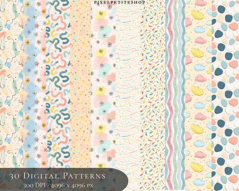 Op de afbeelding: Een verzameling van 30 digitale patronen met diverse ontwerpen. De patronen omvatten abstracte vormen, bloemmotieven en wolken- en kiezelsteenontwerpen. Het kleurenpalet bevat pastelkleuren van blauw, geel, roze en groen, met de tekst "30 DIGITAL PATTERNS" onderaan.