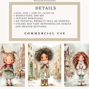 May include: Three watercolor illustrations of children in winter attire, set against snowy European town backgrounds. Each child is depicted with rosy cheeks and holding items like gingerbread or a warm beverage. The artwork is labeled "COMMERCIAL USE".