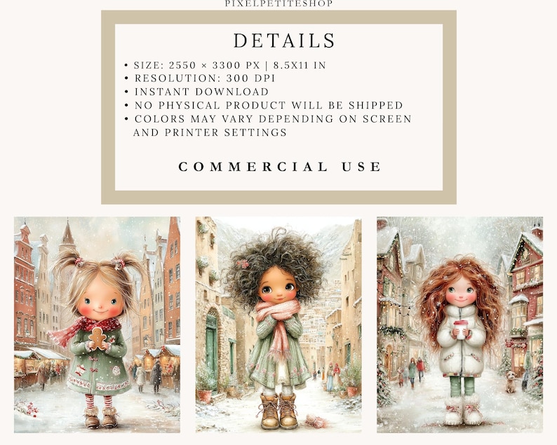May include: Three watercolor illustrations of children in winter attire, set against snowy European town backgrounds. Each child is depicted with rosy cheeks and holding items like gingerbread or a warm beverage. The artwork is labeled "COMMERCIAL USE".