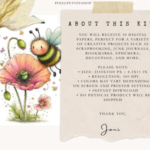 May include: Watercolor illustration featuring a whimsical bee and a vibrant pink poppy flower. The image includes the text "ABOUT THIS KIT" and details about digital papers for creative projects. The size is 8.5x11 inches.