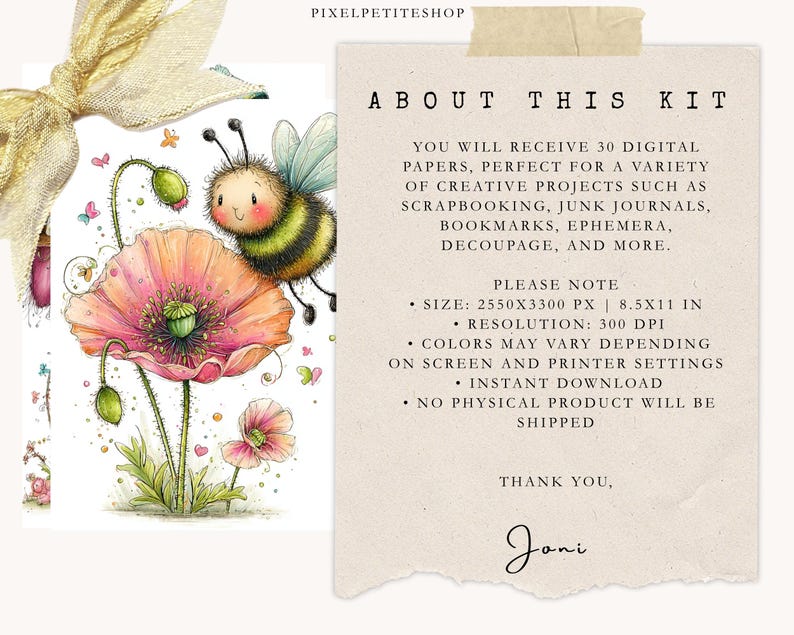 May include: Watercolor illustration featuring a whimsical bee and a vibrant pink poppy flower. The image includes the text "ABOUT THIS KIT" and details about digital papers for creative projects. The size is 8.5x11 inches.