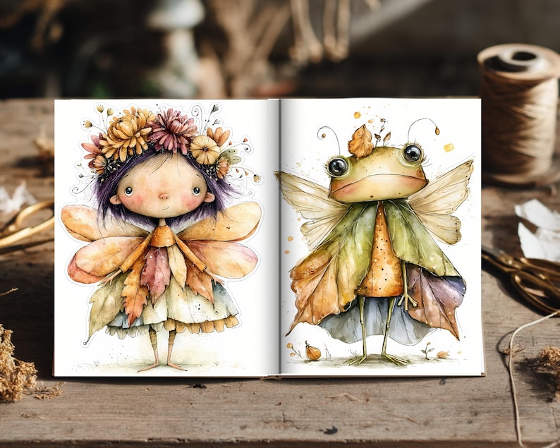 May include: An open book displaying two watercolor illustrations. The left page shows a fairy with purple hair, a floral crown, and leaf-patterned clothing. The right page features a frog with large eyes, wings, and a green leaf-like cloak.