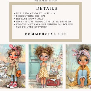 May include: Digital art print featuring three illustrations of young girls in various settings. The images showcase girls with large eyes, wearing stylish outfits, and surrounded by scenic backgrounds. The text at the top reads "DETAILS" and "COMMERCIAL USE".