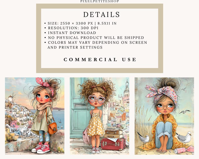 May include: Digital art print featuring three illustrations of young girls in various settings. The images showcase girls with large eyes, wearing stylish outfits, and surrounded by scenic backgrounds. The text at the top reads "DETAILS" and "COMMERCIAL USE".