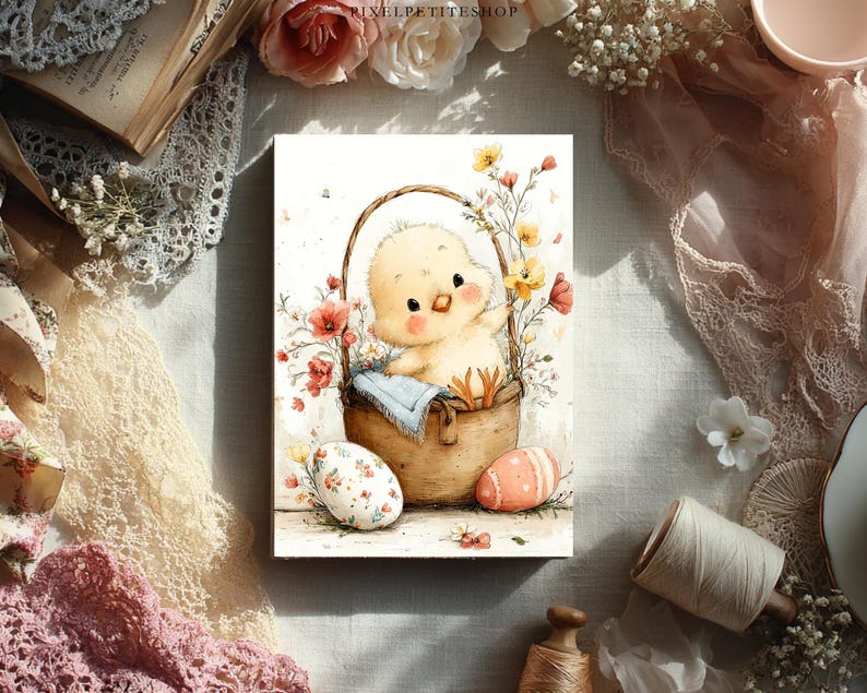 May include: Watercolor illustration of a cute yellow chick in a brown basket, surrounded by flowers and Easter eggs. The artwork has a soft, pastel color palette with a vintage aesthetic. The image is a print.