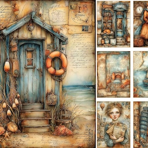 May include: Watercolor art print featuring a seaside cottage with a blue door, orange life preserver, and fishing nets. Additional panels depict architectural scenes, a sailboat, and a woman with letters. The artwork has a vintage, travel-themed aesthetic.