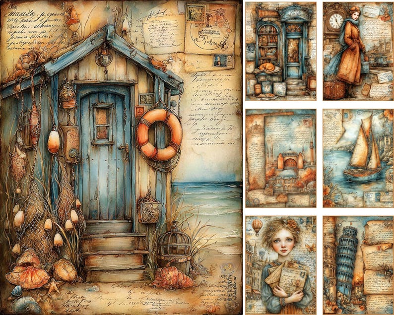 May include: Watercolor art print featuring a seaside cottage with a blue door, orange life preserver, and fishing nets. Additional panels depict architectural scenes, a sailboat, and a woman with letters. The artwork has a vintage, travel-themed aesthetic.