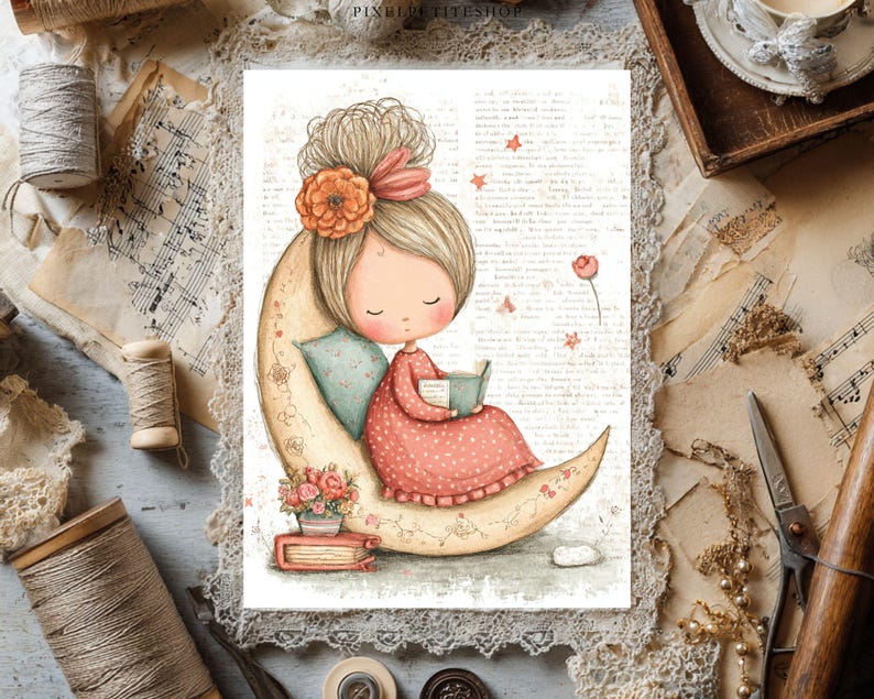 May include: A whimsical illustration of a girl reading on a crescent moon. She wears a pink dress and has a flower in her hair. The background is a vintage-style paper with script and butterflies. A stack of books and flowers are at the base of the moon.
