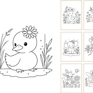 May include: A collection of black and white line art illustrations featuring various animals including a duckling with a flower, an elephant, and mice with wings. These drawings are presented as a set of individual colouring pages for creative use.