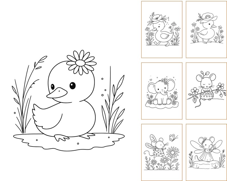 May include: A collection of black and white line art illustrations featuring various animals including a duckling with a flower, an elephant, and mice with wings. These drawings are presented as a set of individual colouring pages for creative use.