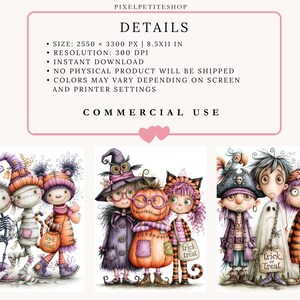 May include: A digital download featuring three illustrations of children in Halloween costumes, including a skeleton, mummy, pumpkin, and pirate. Text includes PIXELPETITESHOP, DETAILS, SIZE: 2550 X 3300 PX | 8.5X11 IN, RESOLUTION: 300 DPI, and COMMERCIAL USE.