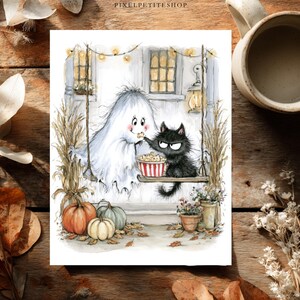 May include: A watercolor illustration featuring a white ghost and a black cat sitting on a porch swing, sharing a bowl of popcorn. The scene includes pumpkins, dried corn stalks, and a lantern, with the text PIXELPETITESHOP at the top center.