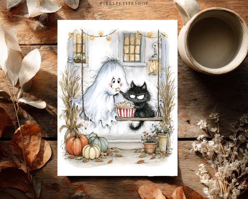 May include: A watercolor illustration featuring a white ghost and a black cat sitting on a porch swing, sharing a bowl of popcorn. The scene includes pumpkins, dried corn stalks, and a lantern, with the text PIXELPETITESHOP at the top center.