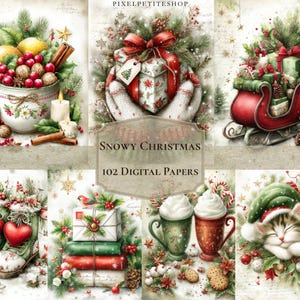 May include: A digital art collage with a Christmas theme. The image features a variety of festive elements, including a teacup filled with fruit and nuts, a gift box, a sleigh, and a sleeping cat wearing a Santa hat. The text "Snowy Christmas" and "102 Digital Papers" are also present.
