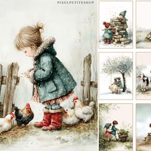 Op de afbeelding: Waterverfillustratie met een jong kind in een teal jas met bloemenpatroon, rode laarzen en een met bont gevoerde capuchon, die kippen voert bij een houten hek. De afbeelding heeft een vintage, sprookjesachtige uitstraling. Extra afbeeldingen tonen kinderen in winters.
