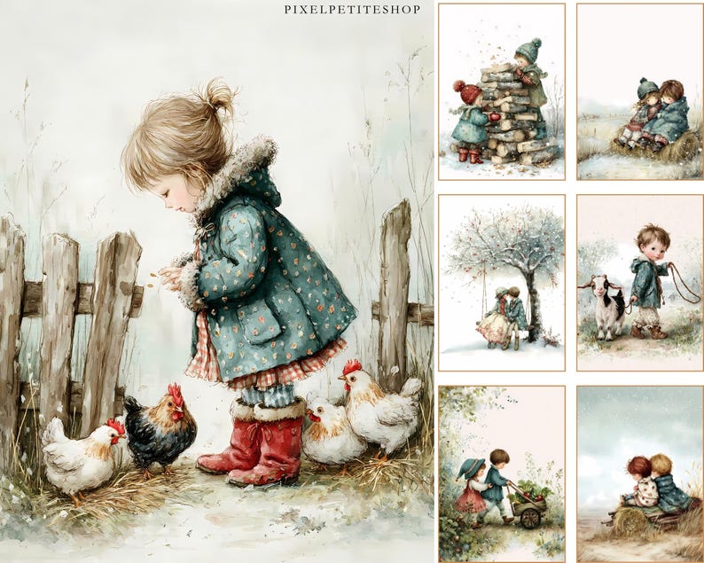 Op de afbeelding: Waterverfillustratie met een jong kind in een teal jas met bloemenpatroon, rode laarzen en een met bont gevoerde capuchon, die kippen voert bij een houten hek. De afbeelding heeft een vintage, sprookjesachtige uitstraling. Extra afbeeldingen tonen kinderen in winters.