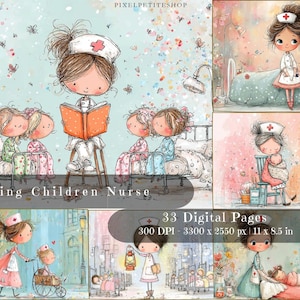 Op de afbeelding: Waterverfillustraties van een zorgzame kinderverpleegkundige. De afbeeldingen tonen een verpleegster die voorleest aan kinderen in bedden, patiënten verzorgt en andere scènes. De tekst op de afbeelding luidt "Caring Children Nurse" en "33 Digital Pages, 300 DPI - 3300 x 2550 px, 27,9 x 21,6 cm."
