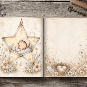 May include: An open book featuring an illustration of a baby sleeping inside a large star-shaped frame decorated with hanging stars and flowers. The opposite page displays a bird's nest with three eggs surrounded by delicate floral and botanical elements.