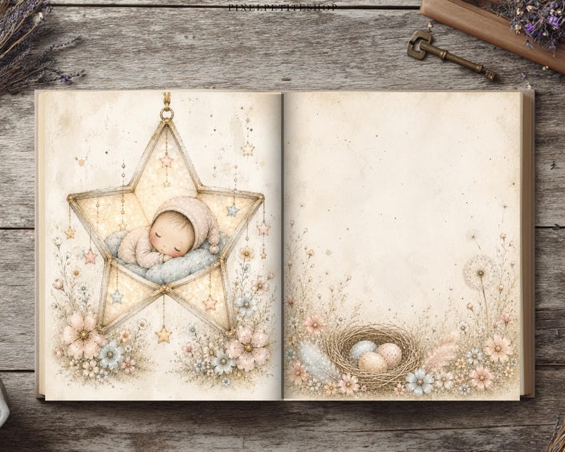 May include: An open book featuring an illustration of a baby sleeping inside a large star-shaped frame decorated with hanging stars and flowers. The opposite page displays a bird's nest with three eggs surrounded by delicate floral and botanical elements.