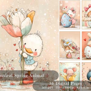 Peut inclure: Illustrations à l'aquarelle d'animaux printaniers fantaisistes. Un caneton tient une grande fleur. D'autres images incluent un poussin avec un œuf, un chat dans une tasse à thé, un lapin avec un œuf, une souris dans une fleur et un oiseau. Le texte indique "Whimsical Spring Animal".