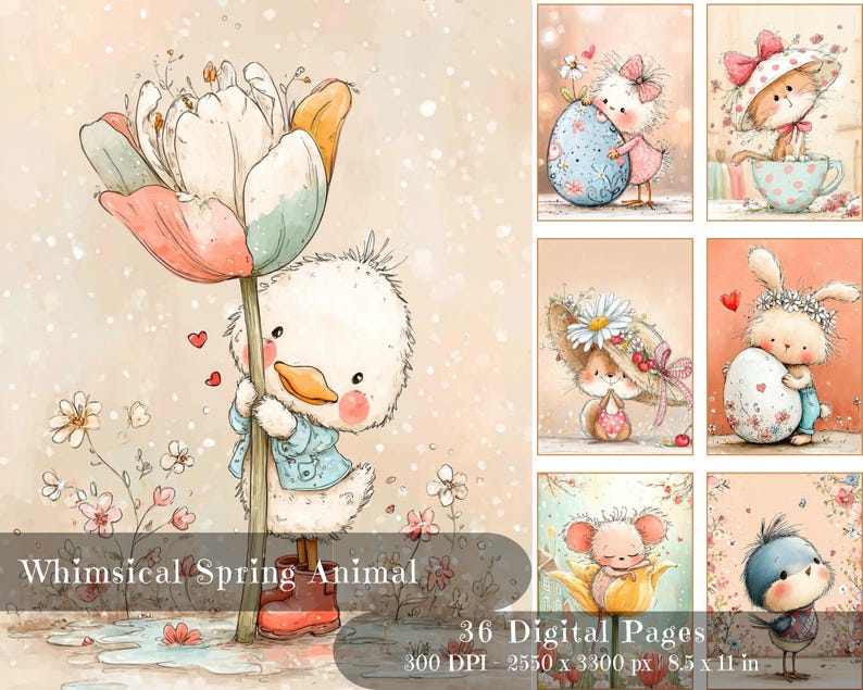 May include: Watercolor illustrations of whimsical spring animals. A duckling holds a large flower. Other images include a chick with an egg, a cat in a teacup, a bunny with an egg, a mouse in a flower, and a bird. The text reads "Whimsical Spring Animal" and "36 Digital Pages".
