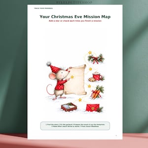 May include: A white paper sheet titled Your Christmas Eve Mission Map featuring a mouse in a red sweater and hat holding a scroll. The graphic includes illustrations of a garland, a cookie, a mug, carrots, and a red envelope, with a numbered list of eight tasks at the bottom for tracking holiday progress.