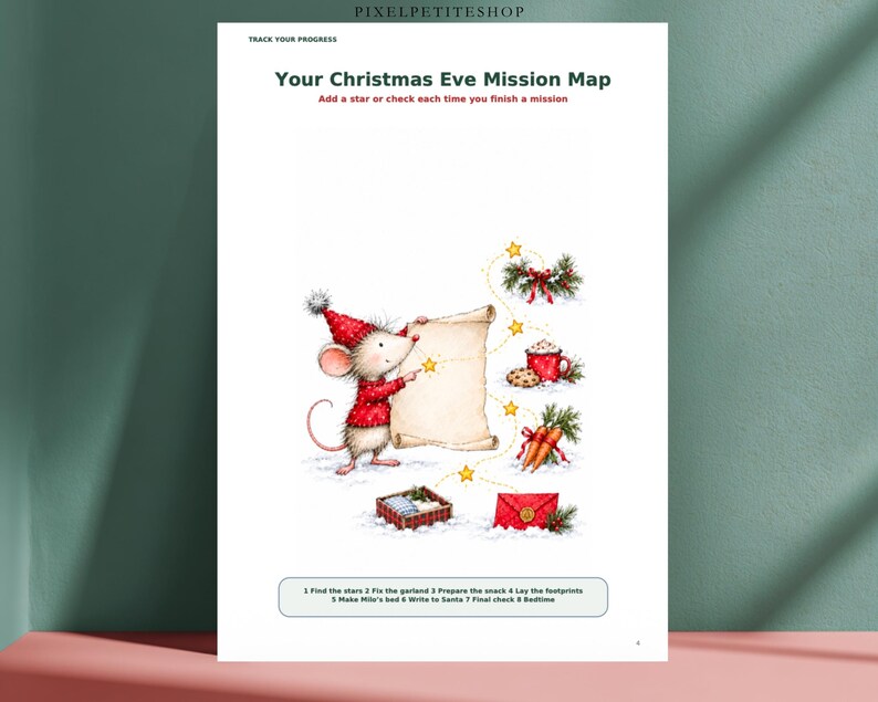 May include: A white paper sheet titled Your Christmas Eve Mission Map featuring a mouse in a red sweater and hat holding a scroll. The graphic includes illustrations of a garland, a cookie, a mug, carrots, and a red envelope, with a numbered list of eight tasks at the bottom for tracking holiday progress.