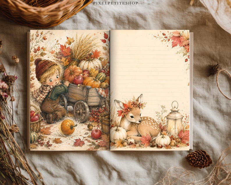 Op de afbeelding: Een open notitieboek met gelinieerde pagina's met herfstthema-illustraties. De linkerpagina toont een kind met een houten kar vol pompoenen en tarwe. De rechterpagina toont een reekalf met een bladerenkroon naast een lantaarn.
