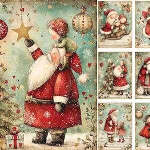 May include: A collection of seven Christmas-themed illustrations featuring Santa Claus and a child in various festive scenes. The artwork displays a soft, painterly style with muted colors, depicting holiday activities like decorating a tree, exchanging gifts, and sharing warm moments in a snowy, winter setting.