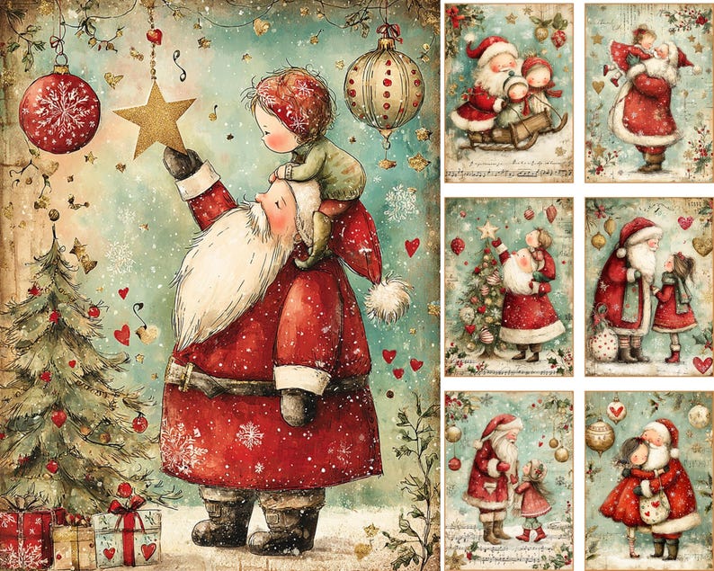 May include: A collection of seven Christmas-themed illustrations featuring Santa Claus and a child in various festive scenes. The artwork displays a soft, painterly style with muted colors, depicting holiday activities like decorating a tree, exchanging gifts, and sharing warm moments in a snowy, winter setting.