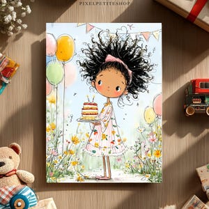 May include: A colourful illustration of a girl holding a birthday cake, with balloons and flowers in the background. The girl has dark curly hair and wears a floral dress. The image is a print, with a blue sky and a field of wildflowers.