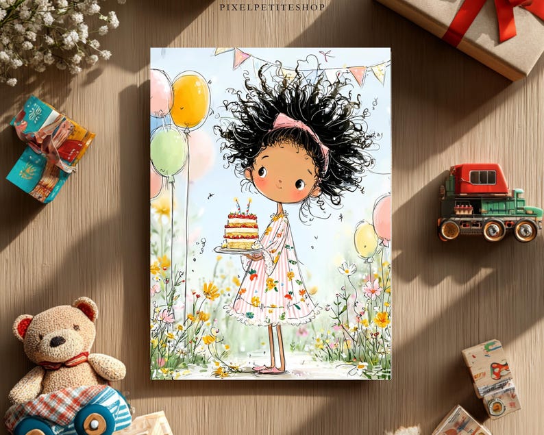 May include: A colourful illustration of a girl holding a birthday cake, with balloons and flowers in the background. The girl has dark curly hair and wears a floral dress. The image is a print, with a blue sky and a field of wildflowers.