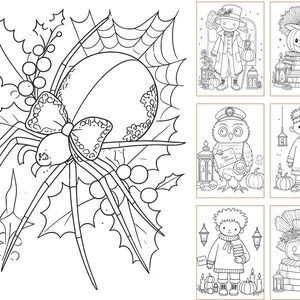 May include: A black and white coloring page featuring a large spider with a patterned bow, positioned in front of holly leaves and a spiderweb. To the right, six smaller rectangular panels display illustrations of characters, pumpkins, and lanterns.