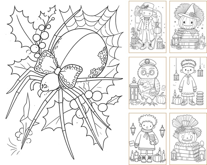 May include: A black and white coloring page featuring a large spider with a patterned bow, positioned in front of holly leaves and a spiderweb. To the right, six smaller rectangular panels display illustrations of characters, pumpkins, and lanterns.