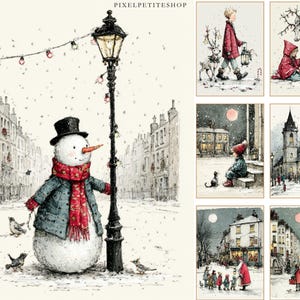 Op de afbeelding: Een verzameling winterse kunstprints. E&eacute;n print toont een sneeuwman in een jas en sjaal bij een lantaarnpaal. Andere prints tonen kinderen, rendieren en gebouwen in een besneeuwde omgeving. De prints hebben een vintage, ge&iuml;llustreerde stijl.