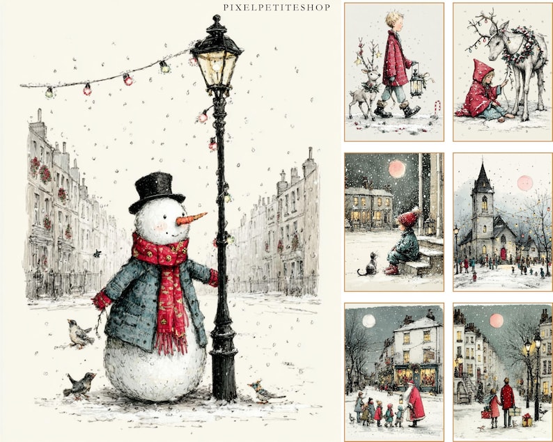 Op de afbeelding: Een verzameling winterse kunstprints. E&eacute;n print toont een sneeuwman in een jas en sjaal bij een lantaarnpaal. Andere prints tonen kinderen, rendieren en gebouwen in een besneeuwde omgeving. De prints hebben een vintage, ge&iuml;llustreerde stijl.