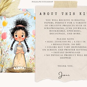 May include: Digital art kit with a charming illustration of a girl with braids, near a nest with eggs and balloons. The text reads "About This Kit" and details the contents, including 38 digital papers for creative projects.
