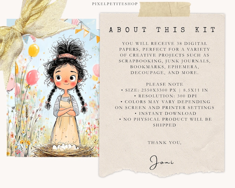 May include: Digital art kit with a charming illustration of a girl with braids, near a nest with eggs and balloons. The text reads "About This Kit" and details the contents, including 38 digital papers for creative projects.