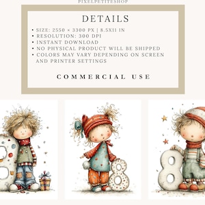 Pu&ograve; includere: Stampe artistiche digitali con illustrazioni di bambini con i numeri 3 e 8. I bambini indossano abiti invernali. Le stampe sono disponibili per uso commerciale. Le dimensioni dell'immagine sono 21,59 x 27,94 cm.