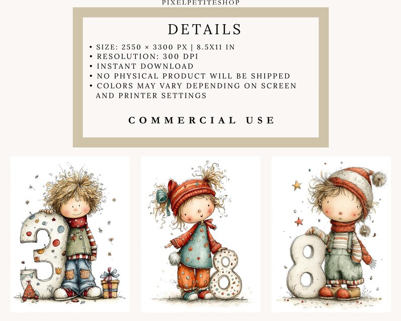 Pu&ograve; includere: Stampe artistiche digitali con illustrazioni di bambini con i numeri 3 e 8. I bambini indossano abiti invernali. Le stampe sono disponibili per uso commerciale. Le dimensioni dell'immagine sono 21,59 x 27,94 cm.