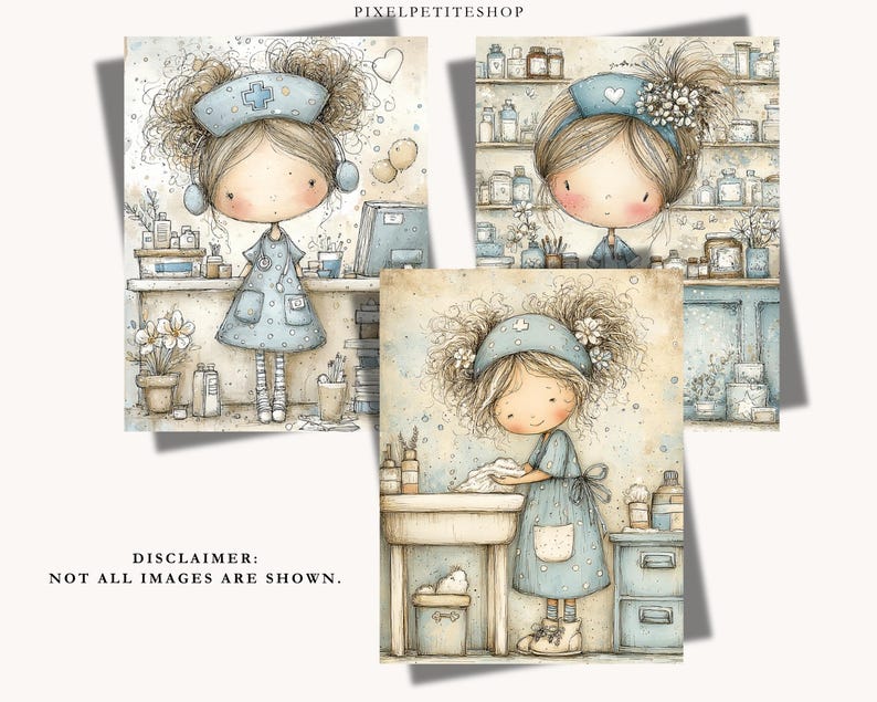 Puede incluir: Ilustraciones en acuarela de una enfermera de dibujos animados con uniforme y gorro azul claro. Las im&aacute;genes representan a la enfermera en un entorno de farmacia, con estantes de botellas y frascos. El estilo es caprichoso y suave, con una est&eacute;tica vintage.