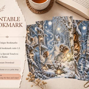 May include: A set of printable bookmarks featuring winter forest scenes with angels, owls, and snowy landscapes. The text reads PRINTABLE BOOKMARK SET, 10 Unique Bookmarks, Each bookmark ratio 1:3, Add a Special Touch to Your Books, Instant Download, At home or at a print shop, and Cut Along the lines and enjoy!