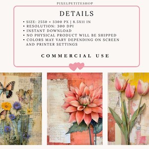 May include: Digital art prints featuring botanical and butterfly themes. The prints include a dahlia, tulips, and butterflies with flowers. The text on the image reads "DETAILS" and "COMMERCIAL USE".