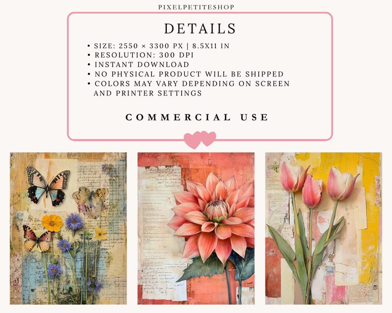 May include: Digital art prints featuring botanical and butterfly themes. The prints include a dahlia, tulips, and butterflies with flowers. The text on the image reads "DETAILS" and "COMMERCIAL USE".